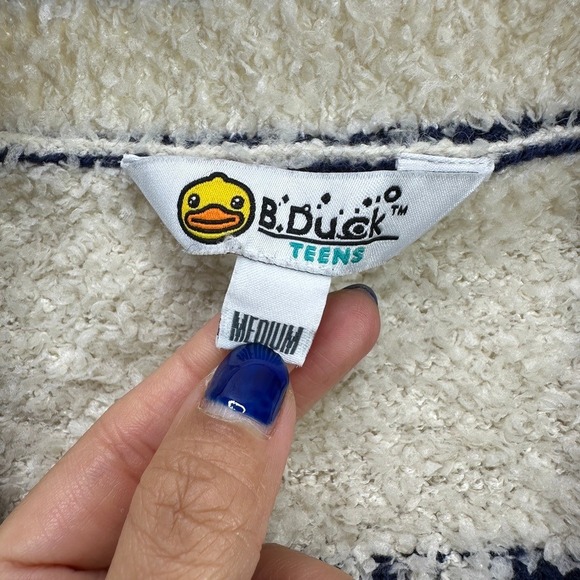 B Duck Teens Fuzzy Cardigan Sweater Cream Blue Varsity Y2K Graphic Size Medium - Picture 5 of 16